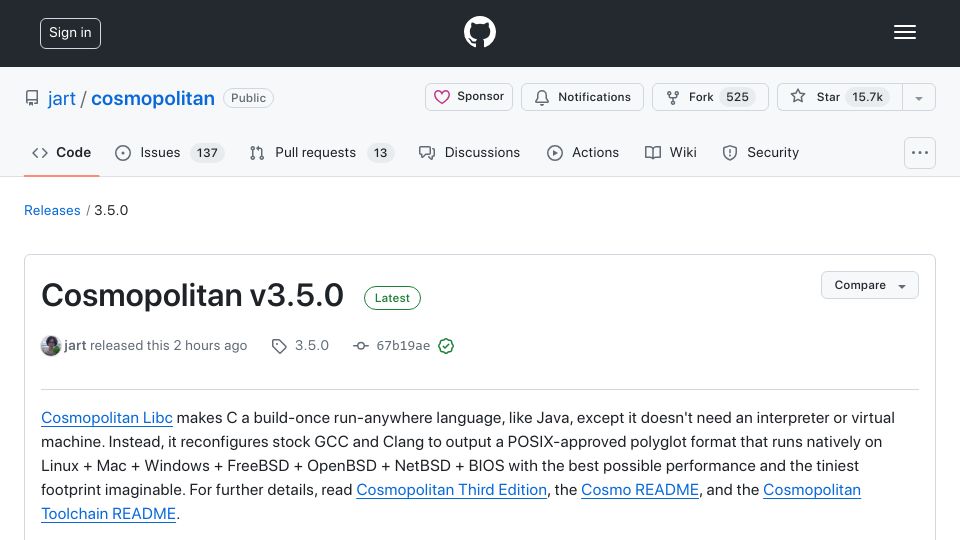 Screenshot of github.com: Cosmopolitan v3.5