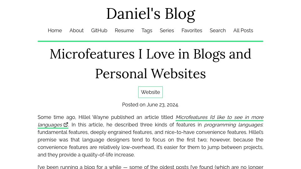 Screenshot of danilafe.com: Microfeatures I love in blogs and personal websites