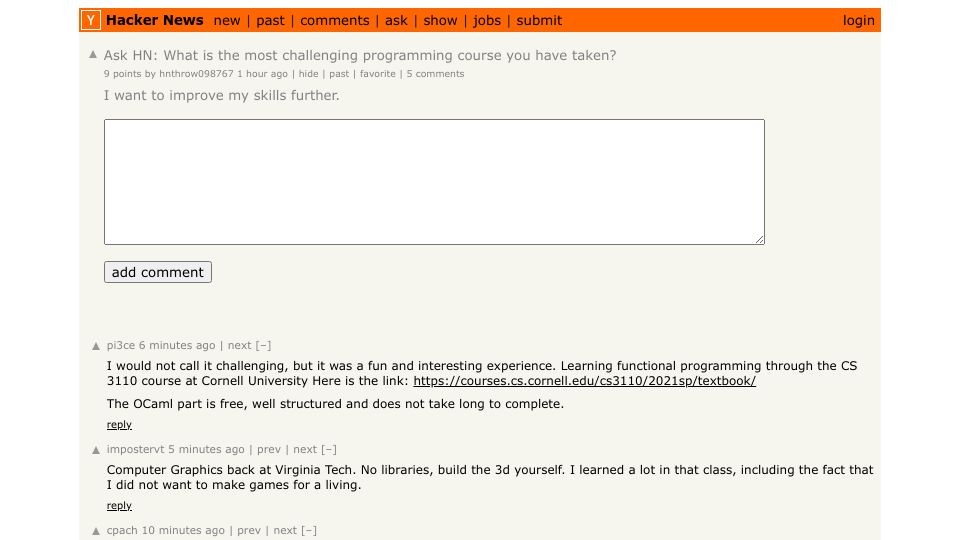Screenshot of Hacker News post: Ask HN: What is the most challenging programming course you have taken?