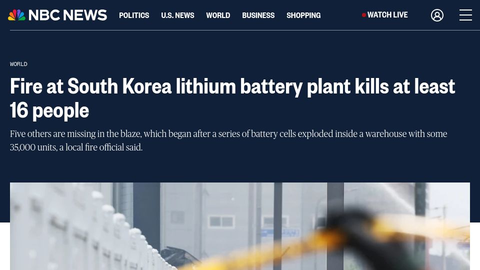 Screenshot of nbcnews.com: Fire at South Korea lithium battery plant kills at least 16 people