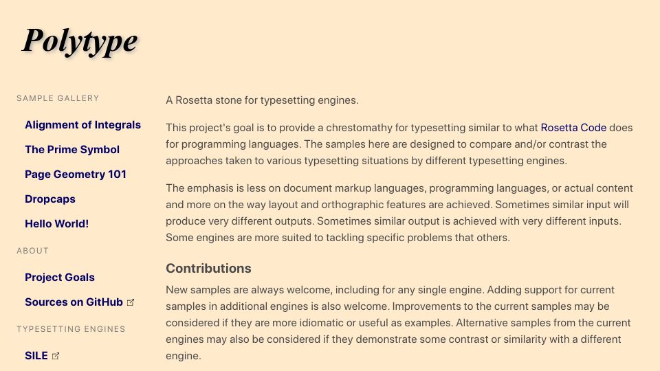 Screenshot of polytype.dev: Polytype: A Rosetta Stone for typesetting engines