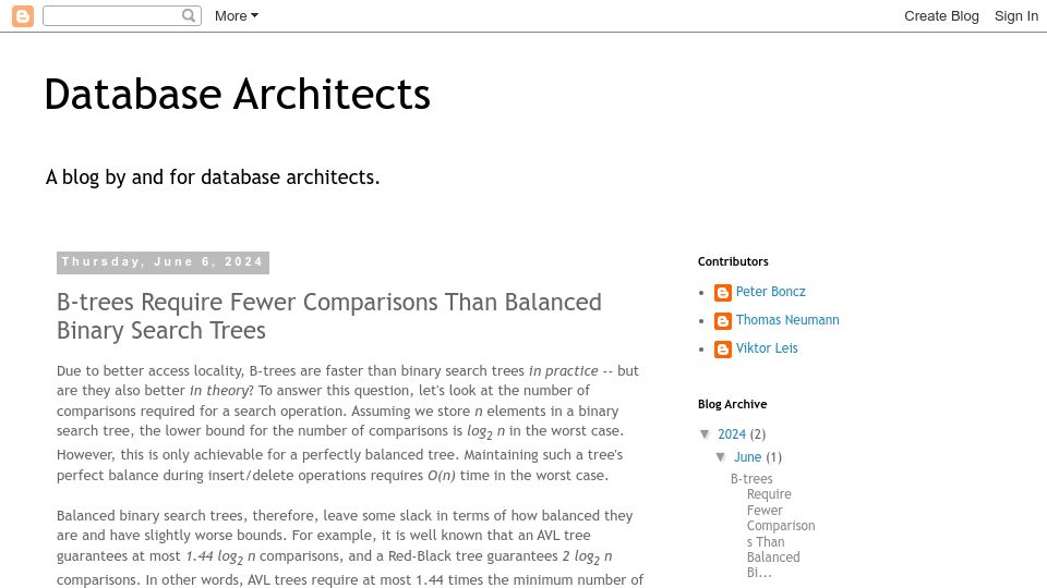 Screenshot of databasearchitects.blogspot.com: B-Trees Require Fewer Comparisons Than Balanced Binary Search Trees
