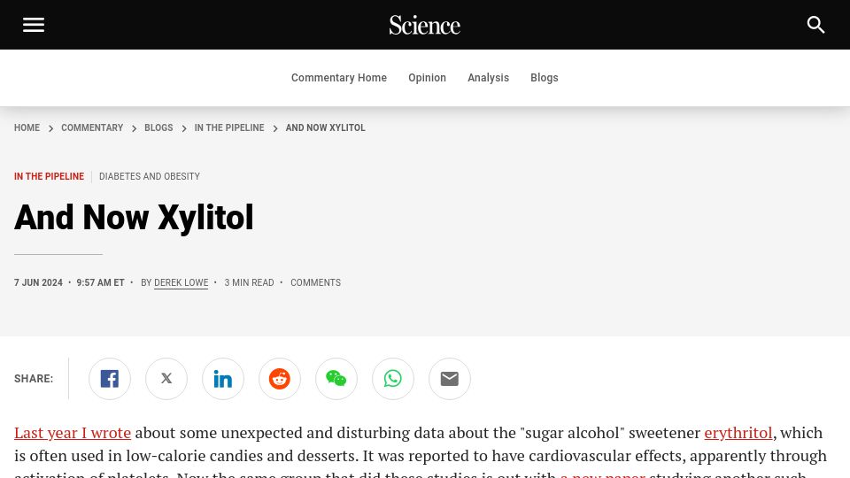 Screenshot of science.org: And Now Xylitol