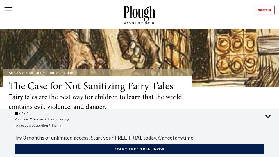Screenshot of plough.com: The case for not sanitising fairy tales