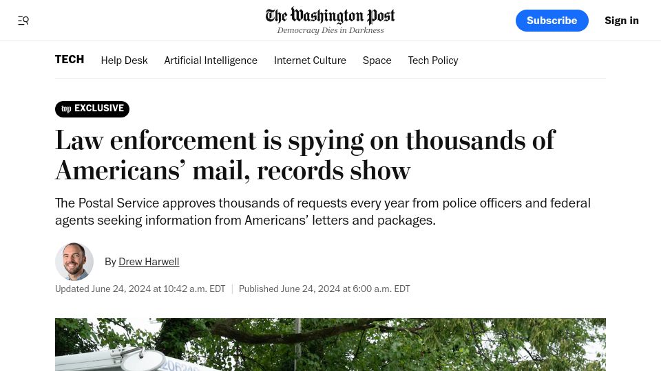 Screenshot of washingtonpost.com: Law enforcement is spying on Americans' mail, records show