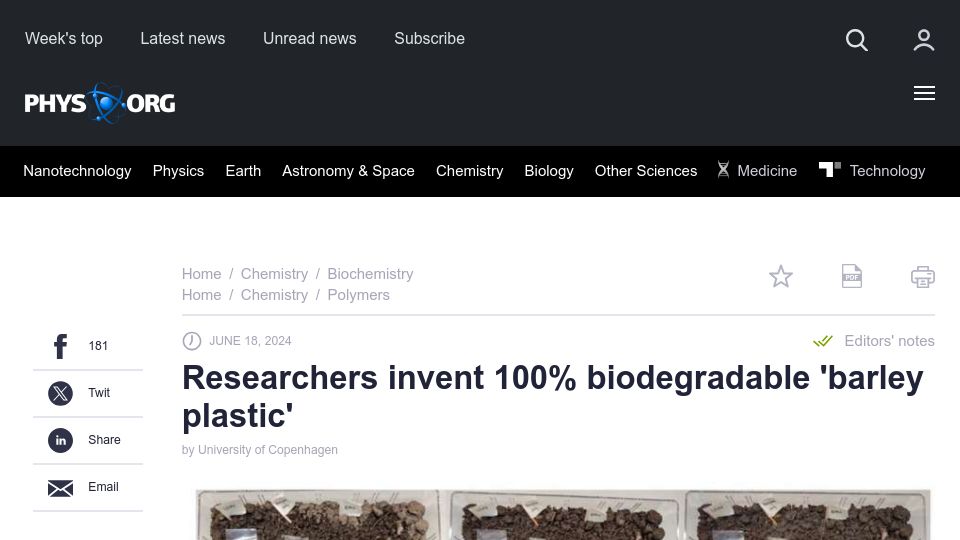 Screenshot of phys.org: Researchers invent 100% biodegradable 'barley plastic'