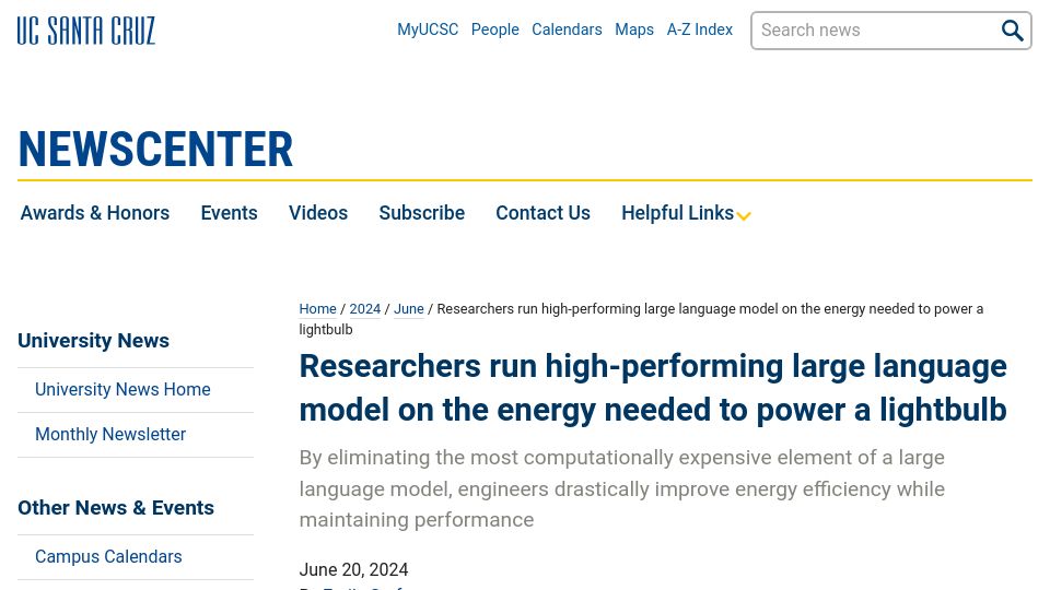 Screenshot of news.ucsc.edu: Researchers run high-performing LLM on the energy needed to power a lightbulb