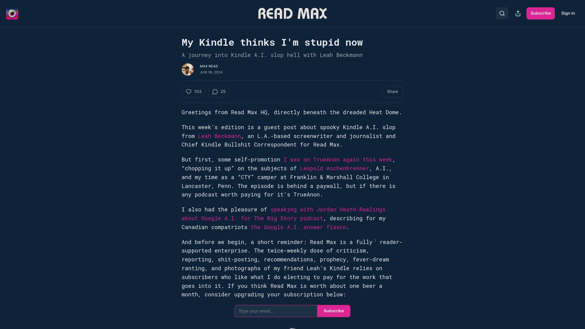 Screenshot of maxread.substack.com: A journey into Kindle AI slop hell