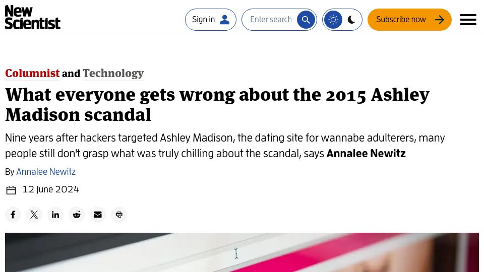 Screenshot of newscientist.com: What everyone gets wrong about the 2015 Ashley Madison scandal