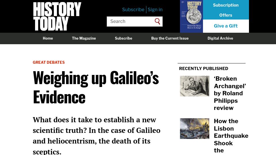 Screenshot of historytoday.com: Weighing Up Galileo's Evidence