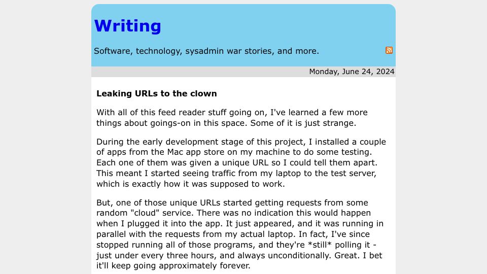 Screenshot of rachelbythebay.com: Leaking URLs to the Clown