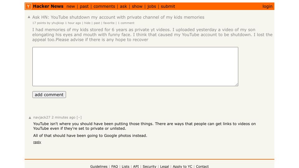 Screenshot of Hacker News post: Ask HN: YouTube shutdown my account with private channel of my kids memories