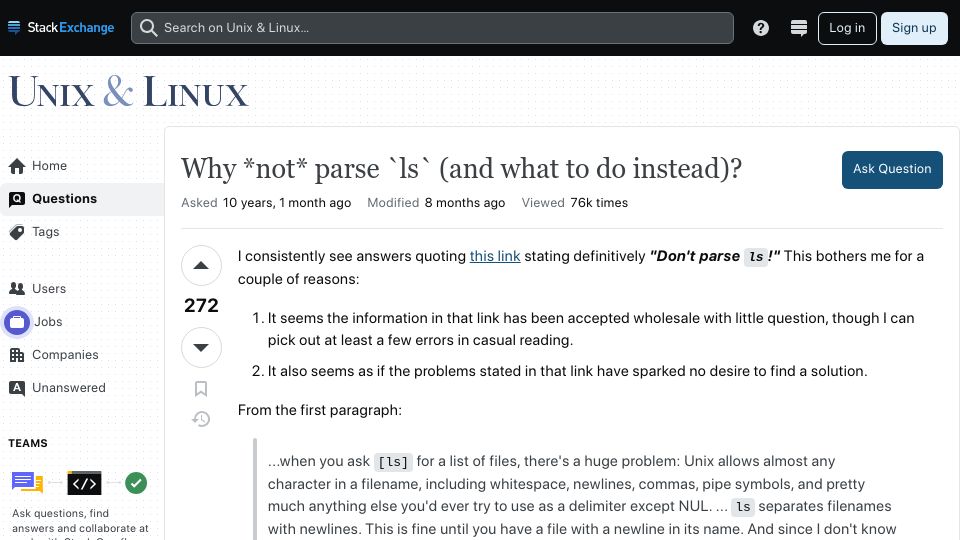 Screenshot of unix.stackexchange.com: Why not parse `ls` and what to do instead