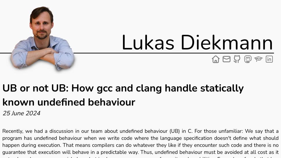 Screenshot of diekmann.uk: How GCC and Clang handle statically known undefined behaviour