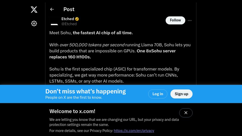 Screenshot of twitter.com: Sohu – first specialized chip (ASIC) for transformer models