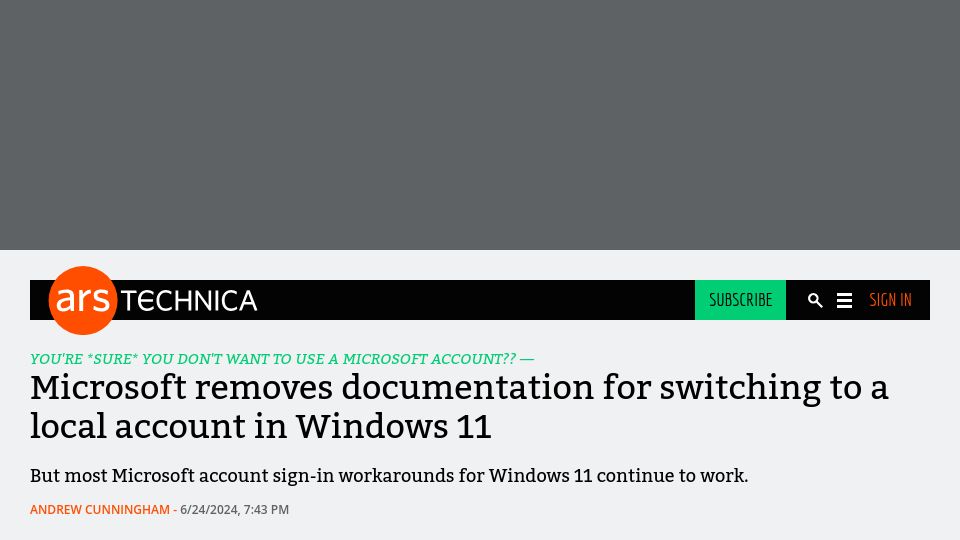 Screenshot of arstechnica.com: Microsoft removes documentation for switching to a local account in Windows 11