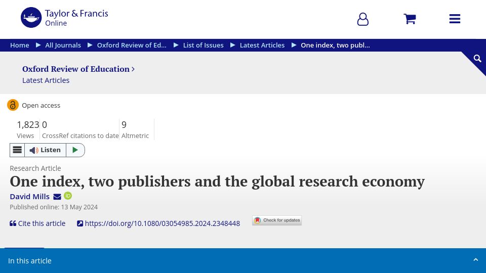 Screenshot of tandfonline.com: One index, two publishers and the global research economy