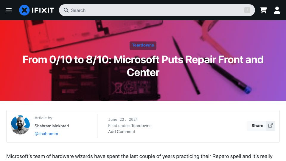 Screenshot of ifixit.com: From 0/10 to 8/10: Microsoft Puts Repair Front and Center