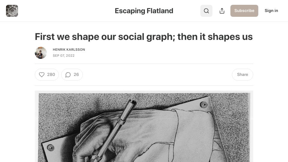 Screenshot of henrikkarlsson.xyz: First we shape our social graph, then it shapes us (2022)
