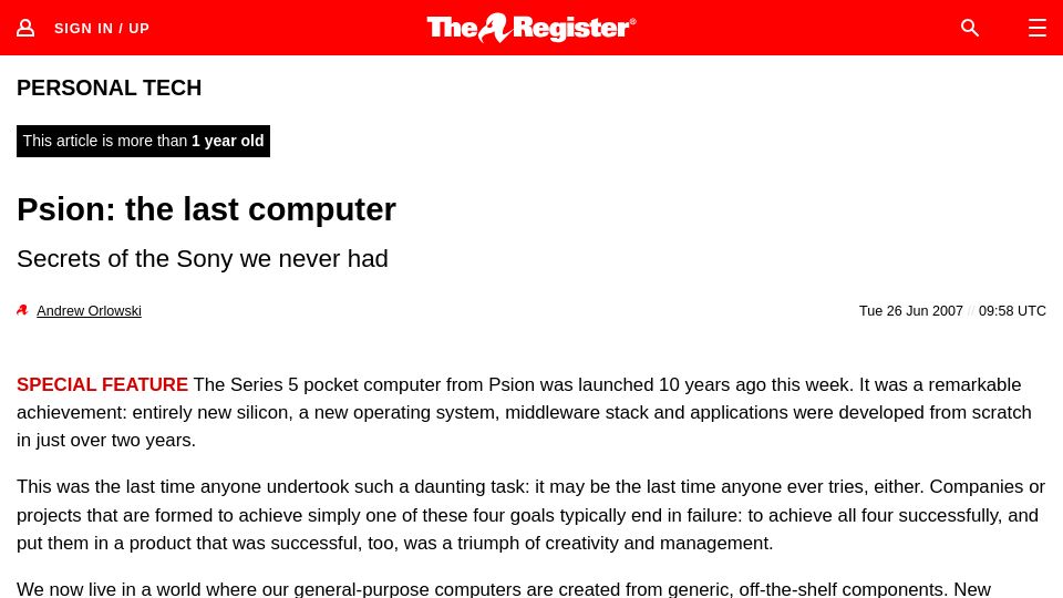 Screenshot of theregister.com: Psion: The Last Computer