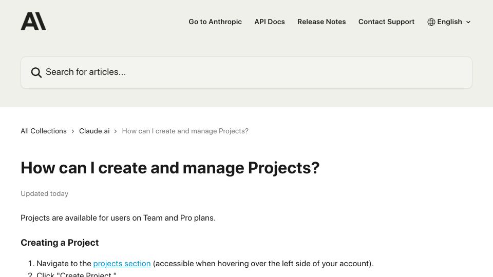 Screenshot of support.anthropic.com: Anthropic Introduces Claude Projects