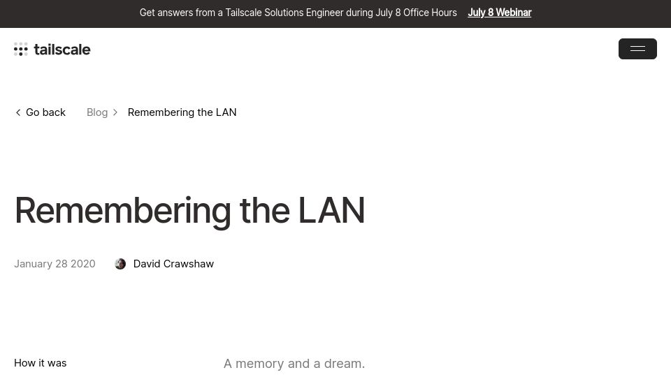 Screenshot of tailscale.com: Remembering the LAN (2020)