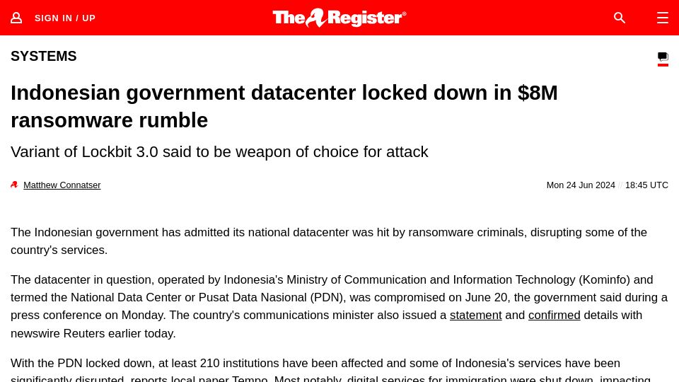 Screenshot of theregister.com: Indonesian government datacenter locked down in $8M ransomware rumble