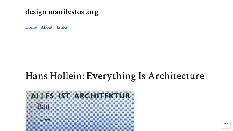 Screenshot of designmanifestos.org: Hans Hollein: Everything Is Architecture