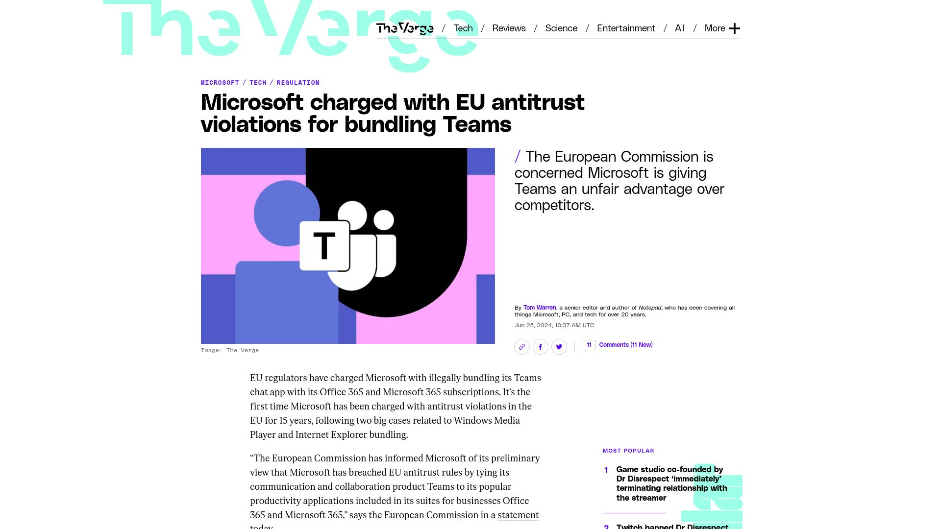 Screenshot of theverge.com: Microsoft charged with EU antitrust violations for bundling Teams