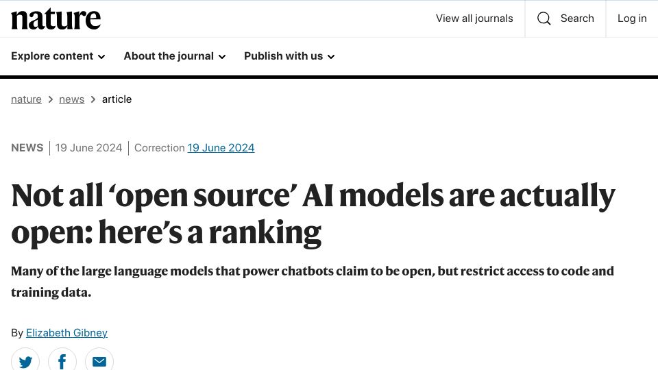 Screenshot of nature.com: Not all 'open source' AI models are open: here's a ranking