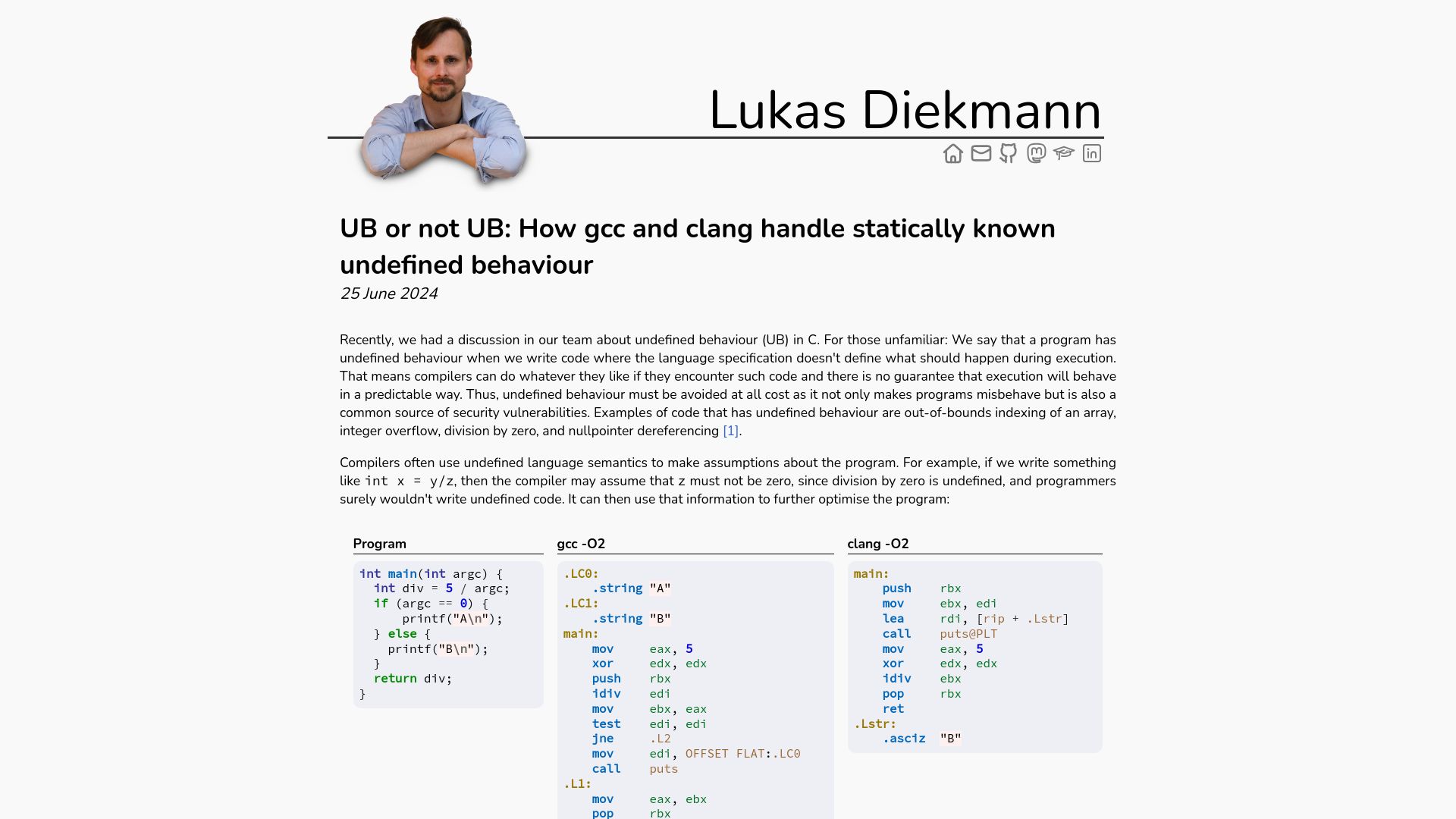 Screenshot of diekmann.uk: How GCC and Clang handle statically known undefined behaviour