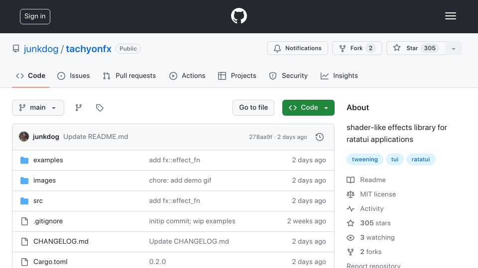 Screenshot of github.com: Tachyonfx: A library for creating shader-like effects in terminal UIs