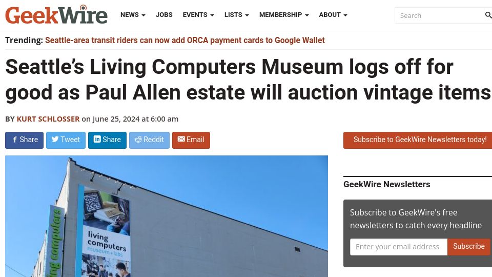 Screenshot of geekwire.com: Living Computers Museum to permanently close, auction vintage items
