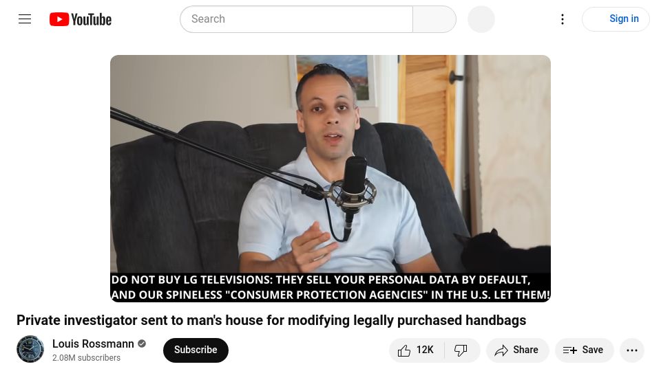 Screenshot of youtube.com: Private investigator sent to man's house for modifying legally purchased handbag [video]