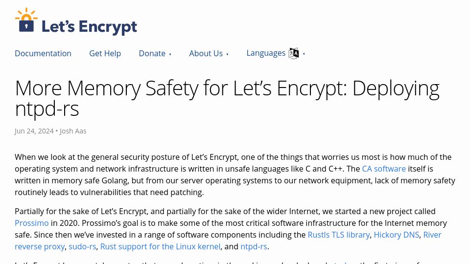 Screenshot of letsencrypt.org: More Memory Safety for Let's Encrypt: Deploying ntpd-rs