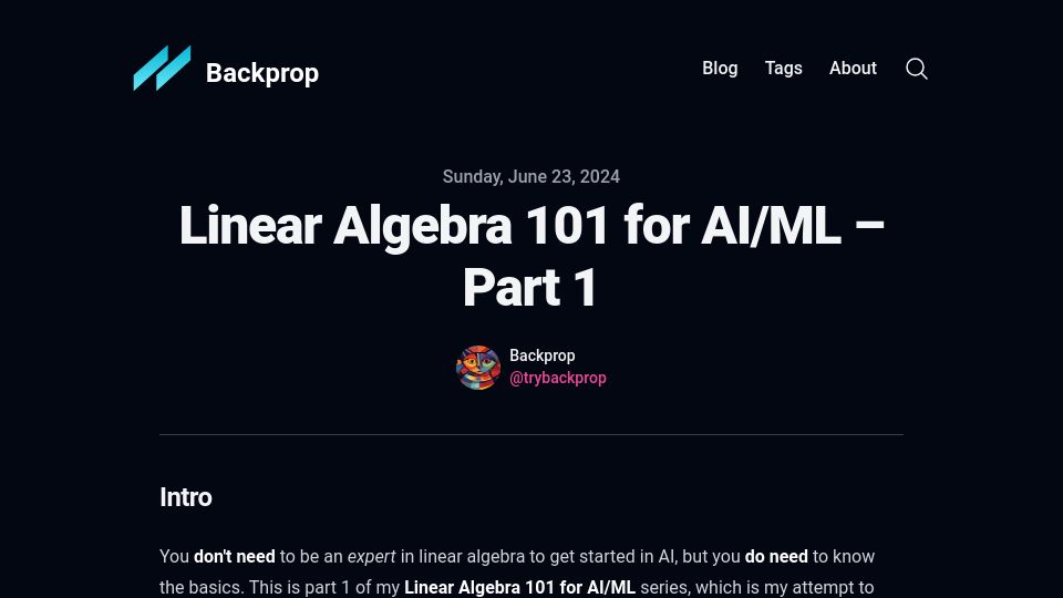 Screenshot of trybackprop.com: Linear Algebra 101 for AI/ML