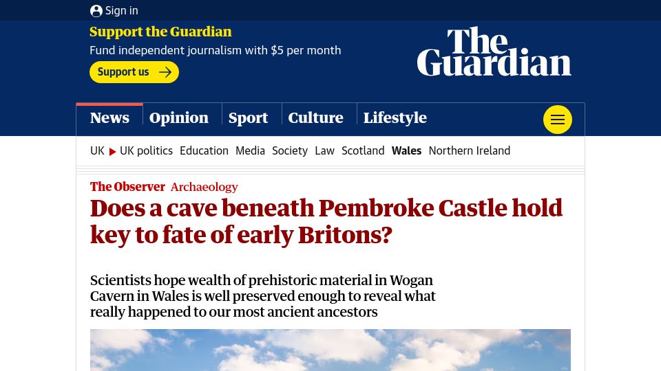 Screenshot of theguardian.com: Does a cave beneath Pembroke Castle hold key to fate of early Britons?