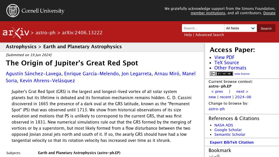 Screenshot of arxiv.org: The Origin of Jupiter's Great Red Spot
