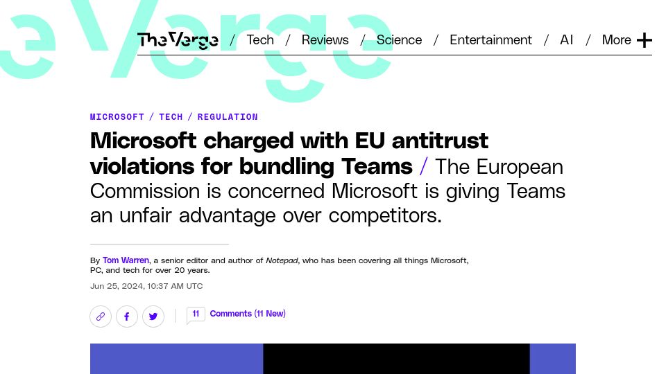 Screenshot of theverge.com: Microsoft charged with EU antitrust violations for bundling Teams