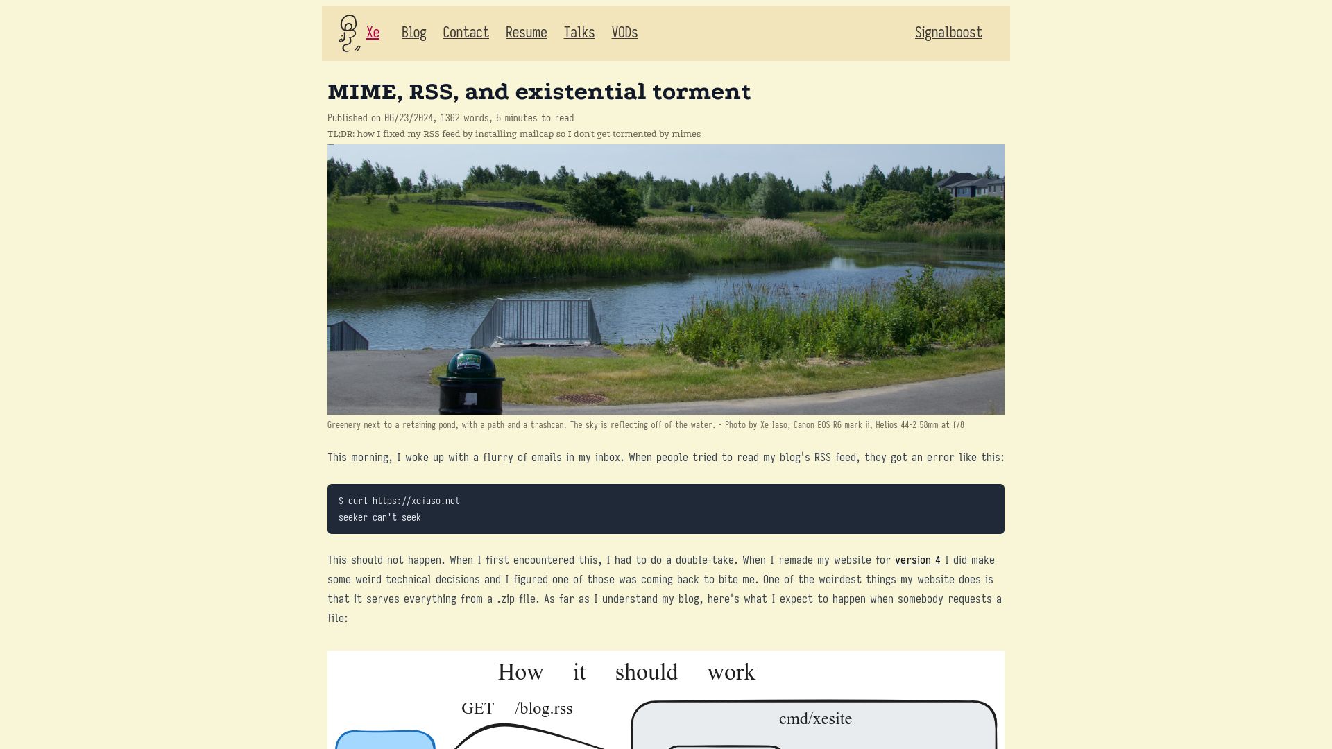 Screenshot of xeiaso.net: MIME, RSS, and Existential Torment