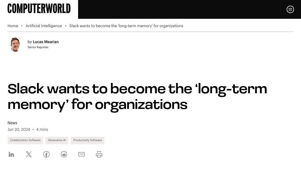 Screenshot of computerworld.com: Slack wants to become the 'long-term memory' for organizations
