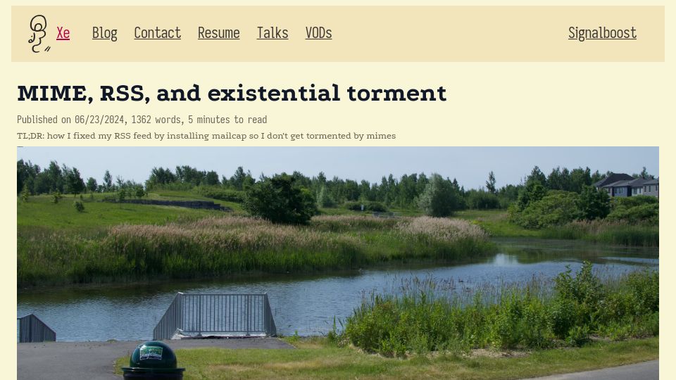 Screenshot of xeiaso.net: MIME, RSS, and Existential Torment