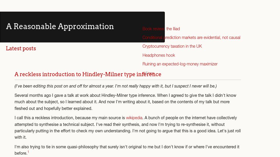 Screenshot of reasonableapproximation.net: A reckless introduction to Hindley-Milner type inference (2019)