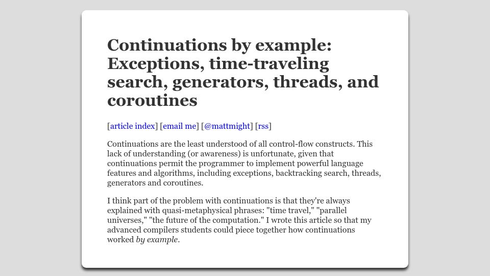 Screenshot of matt.might.net: Continuations by Example