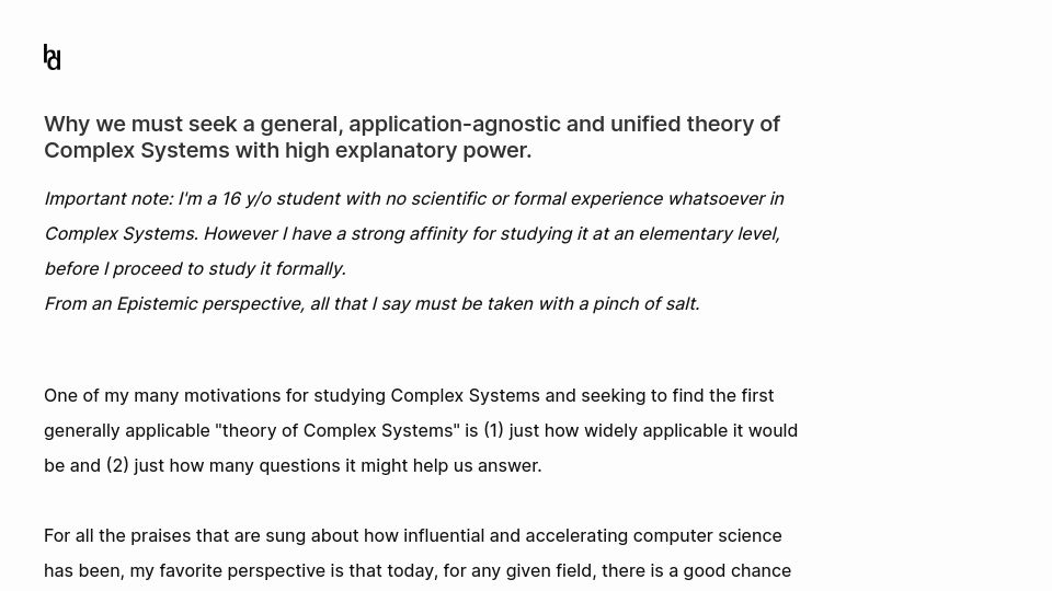 Screenshot of hiranmay.xyz: We must seek a widely-applicable science of systems