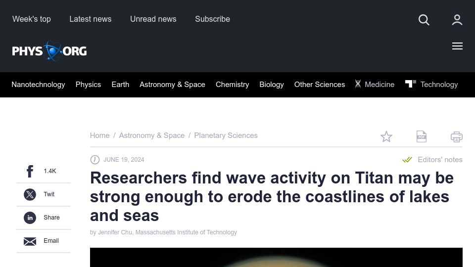 Screenshot of phys.org: Wave activity on Titan strong enough to erode the coastlines of lakes and seas