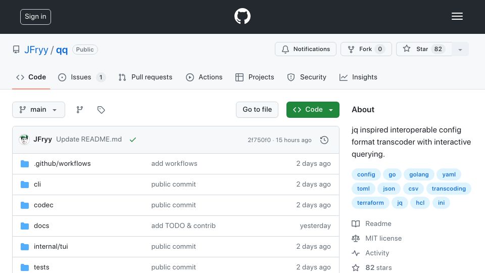 Screenshot of github.com: Show HN: Qq: like jq, but can transcode between many formats