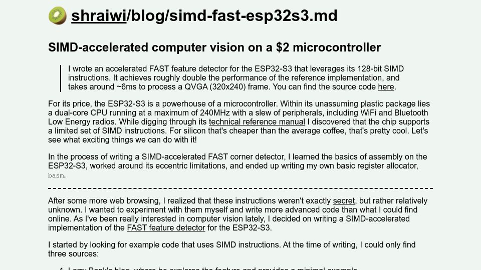 Screenshot of shraiwi.github.io: SIMD-accelerated computer vision on a $2 microcontroller