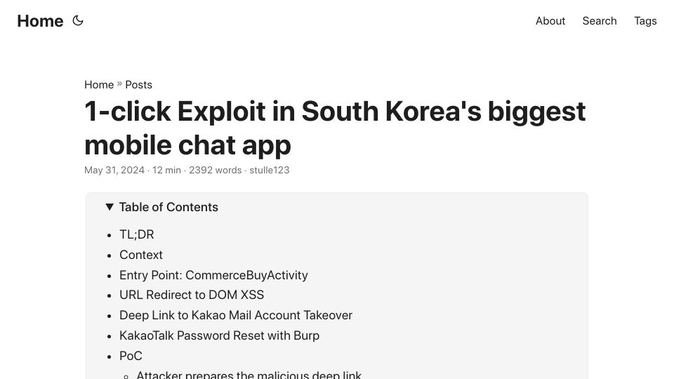 Screenshot of stulle123.github.io: I found a 1-click exploit in South Korea's biggest mobile chat app