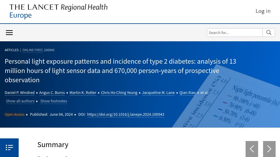 Screenshot of thelancet.com: Personal light exposure patterns and incidence of type 2 diabetes